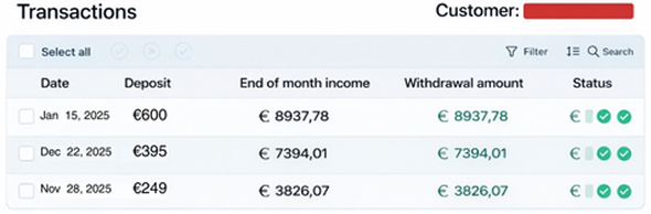 Example of platform transactions and withdrawals